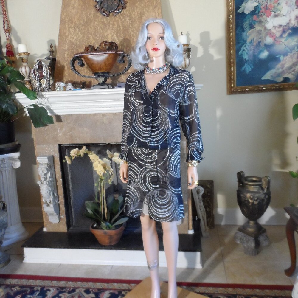 New Akris Black/White Abstract Polka Dot Print 100% Silk Chiffon Skirt Suit 12